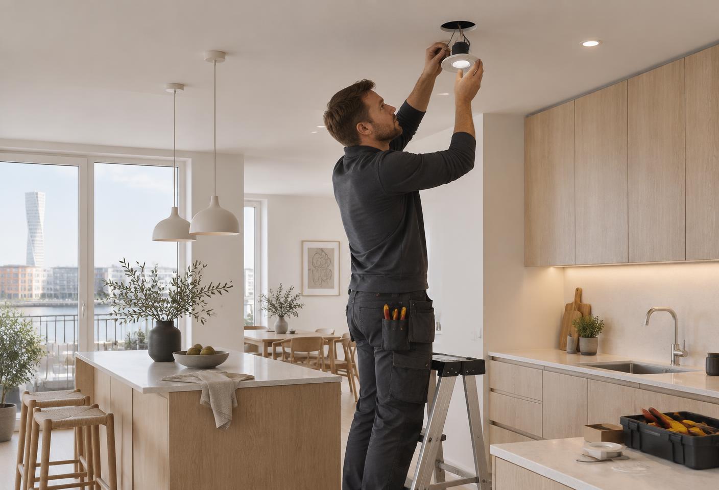 Elektriker installerar belysning i ett renoverat kök